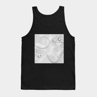 Hearts Twinkling, Vines Creeping, Butterflies Flying, Bubbles Floating , Flowers & Leaves in a Fantasy World of Gray and White Tank Top